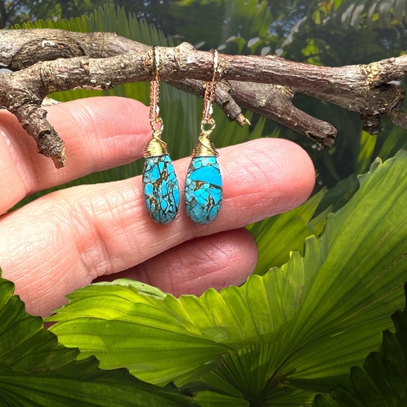 Natural Paraiba Turquoise Earrings Handmade 14K Yellow Gold Filled - Picture 5 of 9